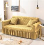 Beige Persian Style Sofa Cover with Fitted Elastic Design and Frilled Base