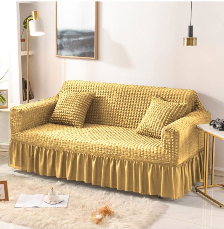 Beige Persian Style Sofa Cover with Fitted Elastic Design and Frilled Base