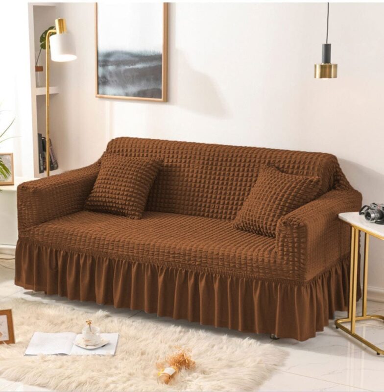 Brown Persian Style Fitted Sofa Cover with Elastic Design and Decorative Frill