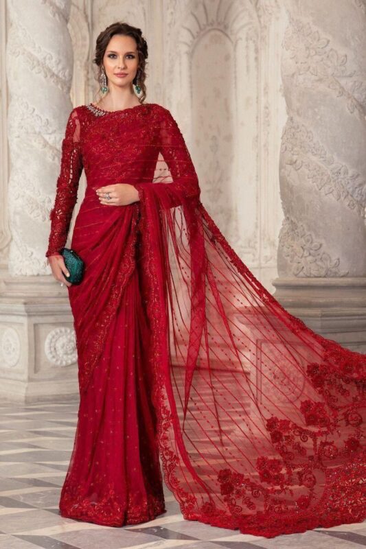 Maria B Exclusive Heavy Embroidered Net Saree with Silk Petti Coat - 2024 Collection