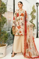 Maria B embroidered lawn suit with printed details and chiffon dupatta