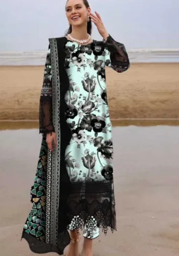 Nureh 3pcs Unstitched Embroidered Winter Linen Suit with digital printed shirt, dupatta, and trouser.