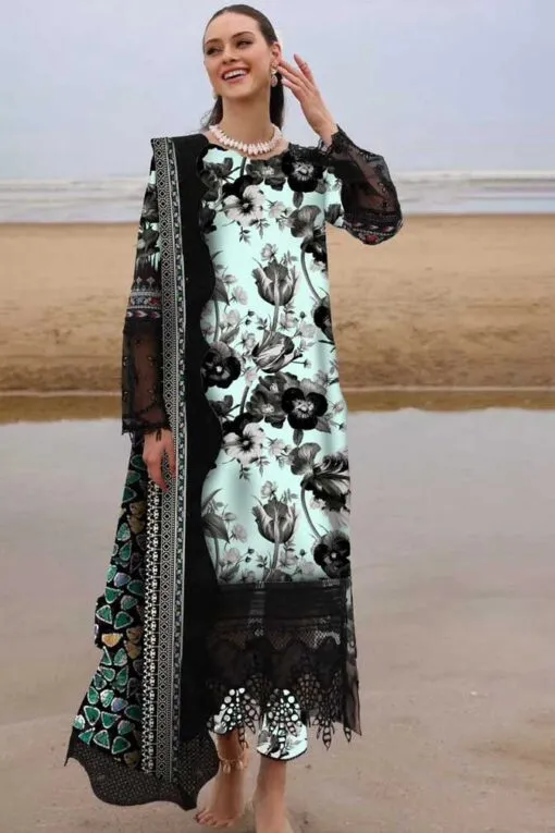 Nureh 3pcs Unstitched Embroidered Winter Linen Suit with digital printed shirt, dupatta, and trouser.