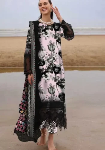 Nureh 3pcs Unstitched Embroidered Winter Linen Suit with digital printed shirt, dupatta, and trouser.
