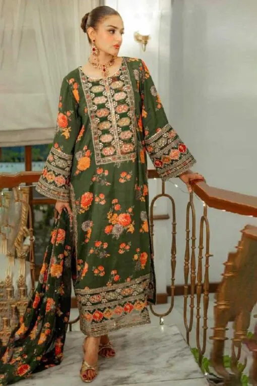 Aneela’s 3pcs Winter Linen Suit with embroidery, digital prints & dupatta, 2025 collection