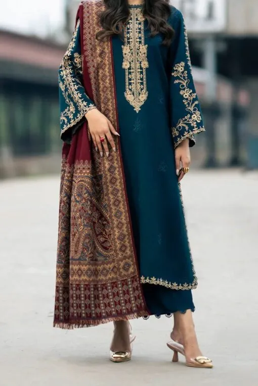 I Z E L Winter Suit – 3 Piece Unstitched Embroidered Dhanak Outfit with shawl and trouser