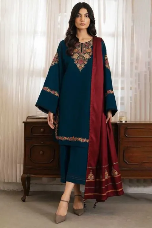 Jazmin Premium Dhanak 3 Piece Unstitched Embroidered Suit – Winter 2025 Collection by sarastore.pk