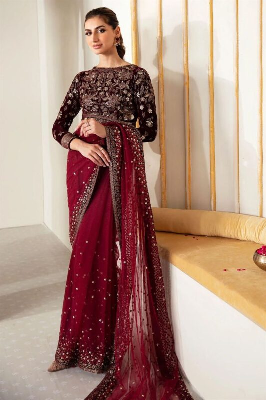 Jazmin Saree Collection available at sarastore.pk featuring velvet, net, and satin silk fabrics for weddings and festive events
