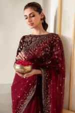 Jazmin Saree Collection available at sarastore.pk featuring velvet, net, and satin silk fabrics for weddings and festive events