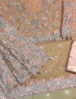 Maria B Peach Color Saree Collection 2025 available at sarastore.pk featuring heavily embroidered net, silk peticoat, and cut-work borders