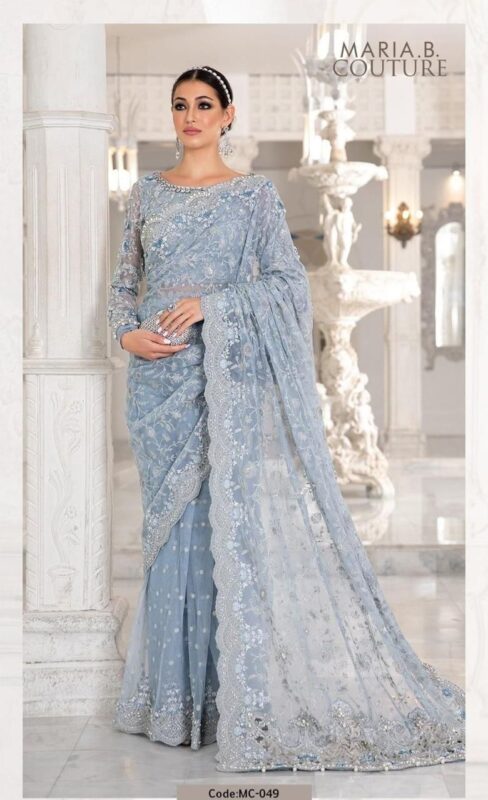 Maria B Sky Blue Color Saree Collection 2025 available at sarastore.pk featuring heavily embroidered net, silk peticoat, and cut-work borders