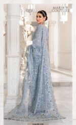 Maria B Sky Blue Color Saree Collection 2025 available at sarastore.pk featuring heavily embroidered net, silk peticoat, and cut-work borders