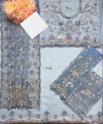 Maria B Sky Blue Color Saree Collection 2025 available at sarastore.pk featuring heavily embroidered net, silk peticoat, and cut-work borders