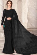 Maria B Black Color Saree Collection 2025 available at sarastore.pk featuring heavily embroidered net, silk peticoat, and cut-work borders