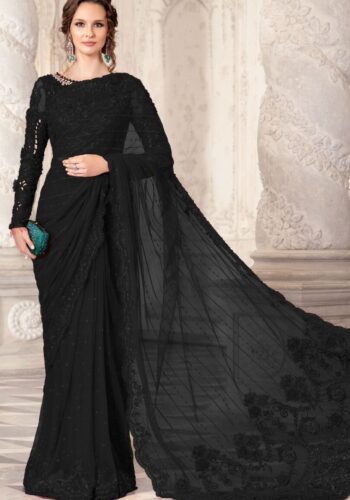 Maria B Black Color Saree Collection 2025 available at sarastore.pk featuring heavily embroidered net, silk peticoat, and cut-work borders