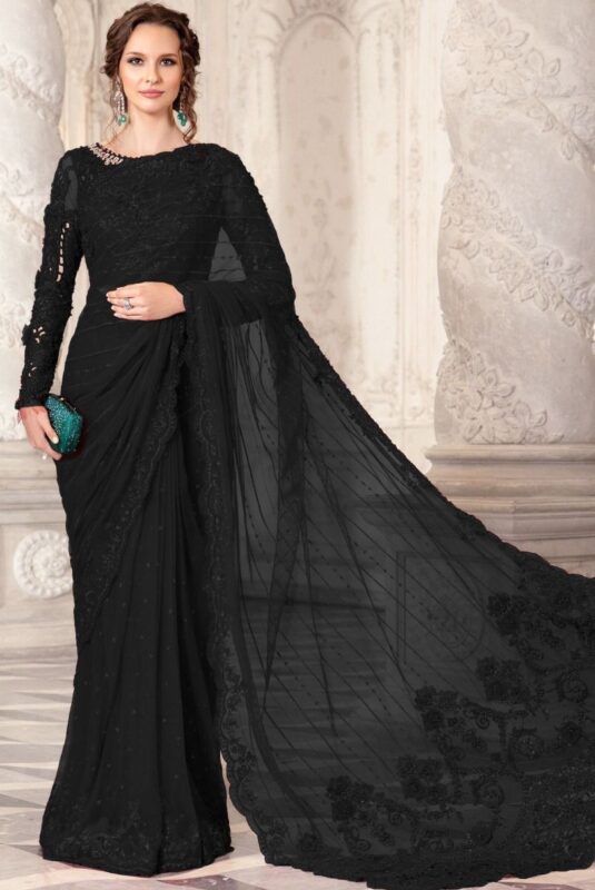 Maria B Black Color Saree Collection 2025 available at sarastore.pk featuring heavily embroidered net, silk peticoat, and cut-work borders