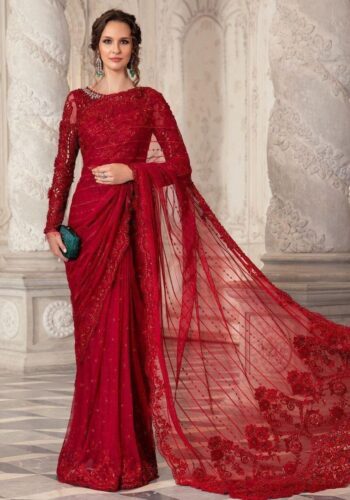 Maria B Saree Collection 2025 available at sarastore.pk featuring heavily embroidered net, silk peticoat, and cut-work borders