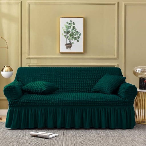 Persian style sofa cover green fitted stretchable with frills price in Pakistan 2026 Sarastore.pk