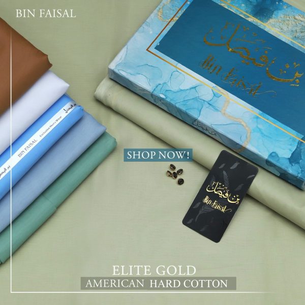 Bin Faisal Summer Collection 2026 Elite Gold American Polo Cotton suit cutting with branded box sarastore.pk