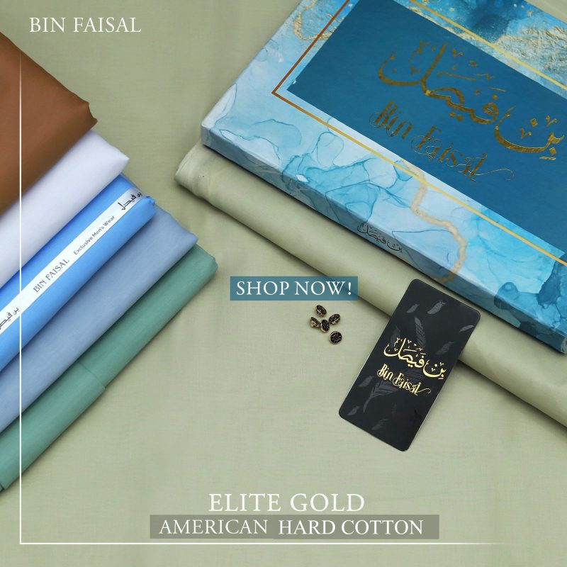 Bin Faisal Summer Collection 2026 Elite Gold American Polo Cotton suit cutting with branded box sarastore.pk