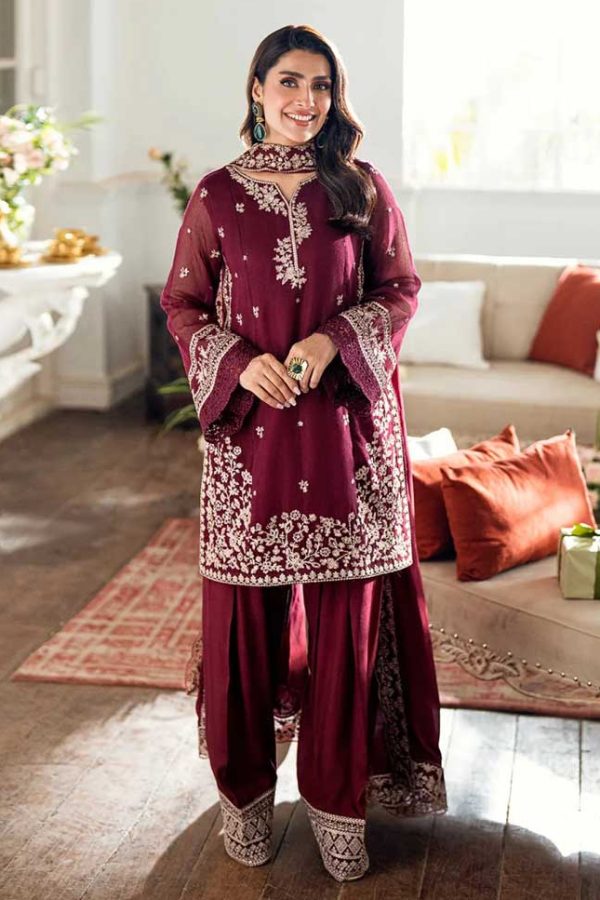 Azure Meroon Airjet Lawn 9070 Code SS-AZU-BCED-9041 embroidered suit with Bamber embroidery dupatta sarastore.pk