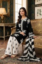 Premium black Airjet Dhanak embroidered suit with white trouser and black white digital wool shawl Winter Collection 2026-27