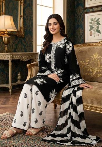Premium black Airjet Dhanak embroidered suit with white trouser and black white digital wool shawl Winter Collection 2026-27