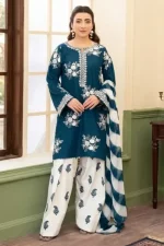 Blue Premium Airjet Dhanak embroidered suit with white trouser and black white digital wool shawl Winter Collection 2026-27