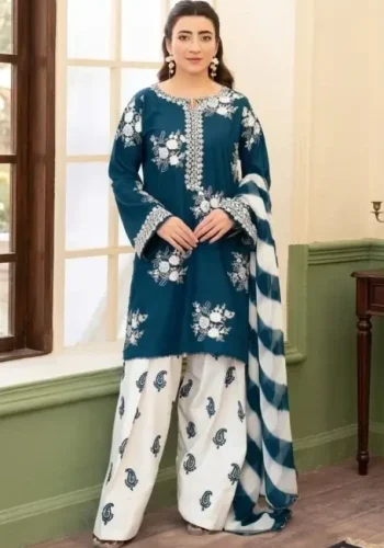 Blue Premium Airjet Dhanak embroidered suit with white trouser and black white digital wool shawl Winter Collection 2026-27