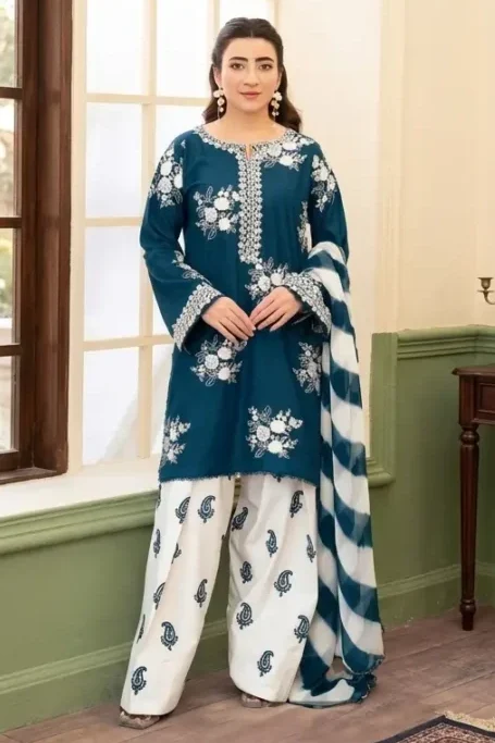 Blue Premium Airjet Dhanak embroidered suit with white trouser and black white digital wool shawl Winter Collection 2026-27