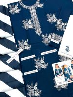 Blue Premium Airjet Dhanak embroidered suit with white trouser and black white digital wool shawl Winter Collection 2026-27