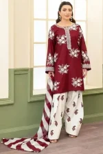 ZARA SHAJAHAN Maroon Airjet Dhanak embroidered suit with white trouser and black white digital wool shawl Winter Collection 2026-27