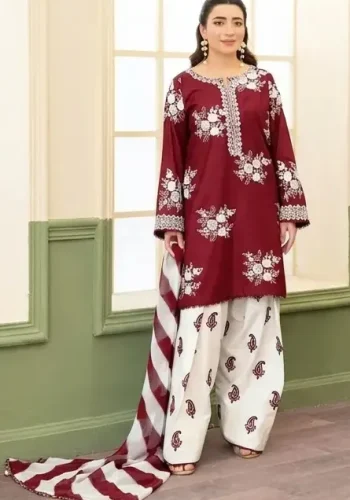 ZARA SHAJAHAN Maroon Airjet Dhanak embroidered suit with white trouser and black white digital wool shawl Winter Collection 2026-27