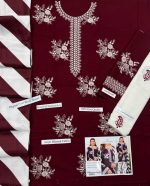 ZARA SHAJAHAN Maroon Airjet Dhanak embroidered suit with white trouser and black white digital wool shawl Winter Collection 2026-27