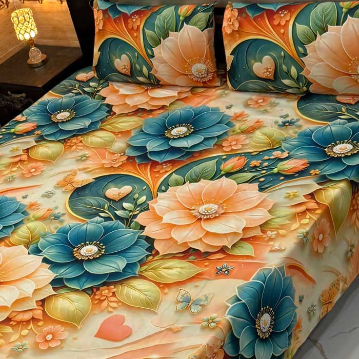 teal-peach-floral-9d-digital-printed-bedsheets-micro-cotton-sarastore-pk