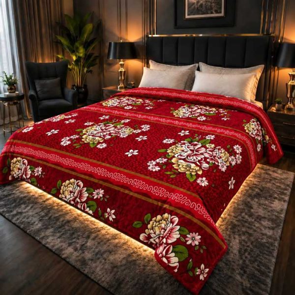 red-floral-panel-double-bed-ac-blanket-soft-flees-sarastore-pk