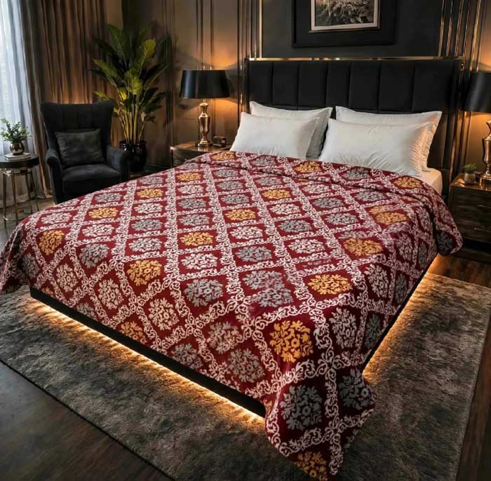 Printed-double-AC-Blanket-(19) burgundy-gold-damask-double-bed-ac-blanket-soft-flees-sarastore-pk