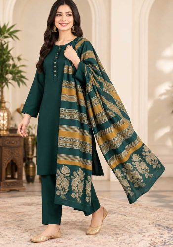 bareeze-bottle-green-dhanak-plain-suit-with-3d-wool-shawl-sarastore-pk