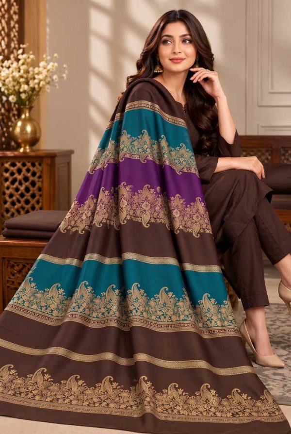 chocolate-brown-dhanak-plain-suit-with-3d-wool-shawl-sarastore-pk