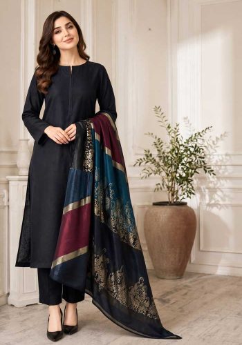 charcoal-black-dhanak-plain-suit-with-3d-wool-shawl-sarastore-pk