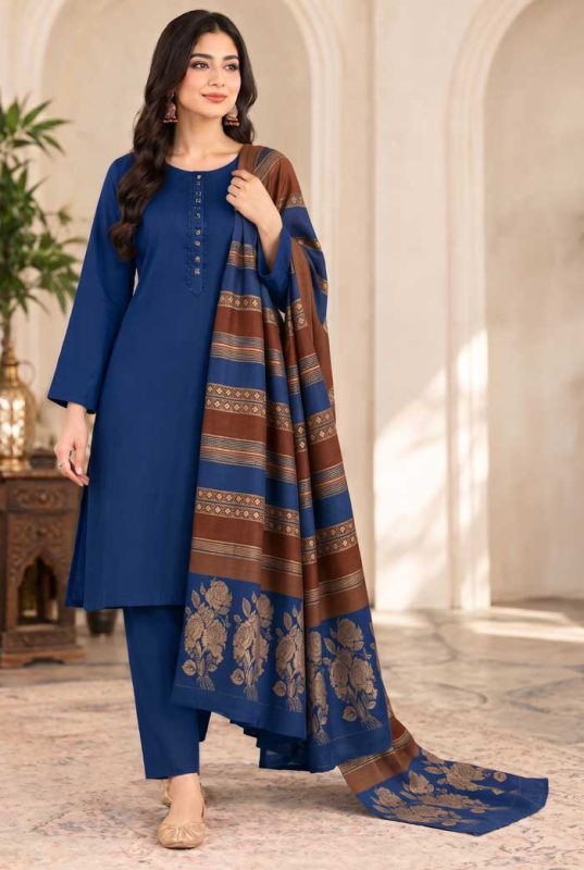bareeze-royal-blue-dhanak-plain-suit-with-3d-wool-shawl-sarastore-pk