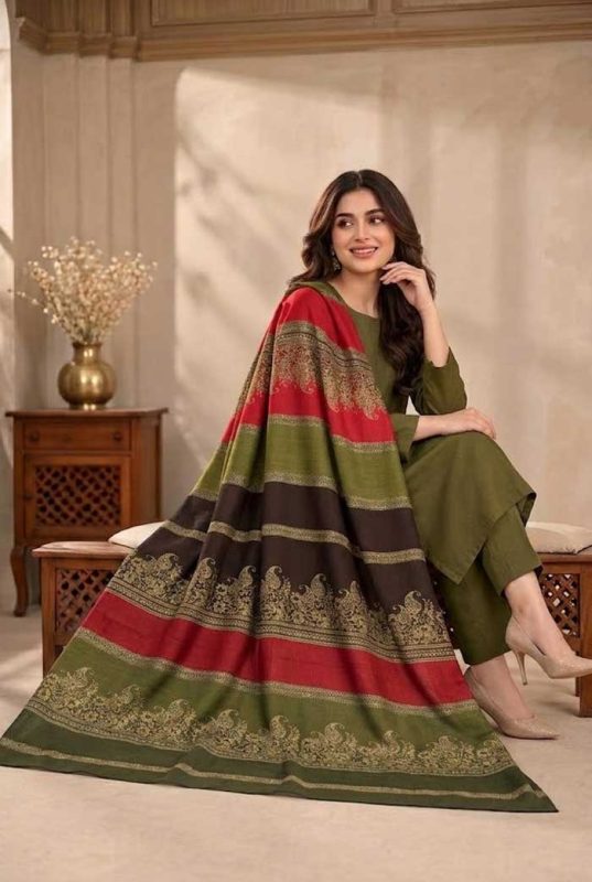 bareeze-olive-green-dhanak-plain-suit-with-3d-wool-shawl-sarastore-pk