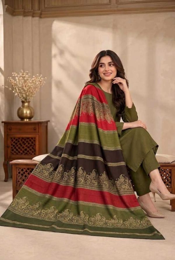 bareeze-olive-green-dhanak-plain-suit-with-3d-wool-shawl-sarastore-pk