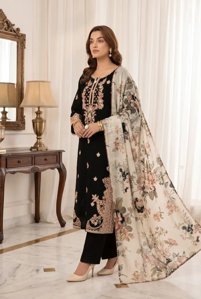 mohagni-3pc-unstitched-embroidered-winter-dhanak-black-2026-27 mohagni-black-embroidered-dhanak-suit-winter-collection-sarastore-pk